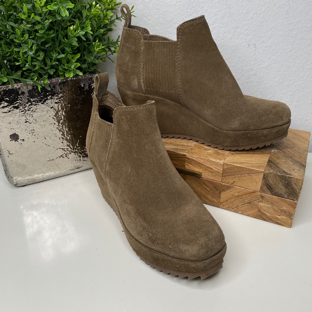 Pedro Garcia Feike Suede Wedge Chelsea Booties Tan/Taupe Elastic Side Size 5-5.5